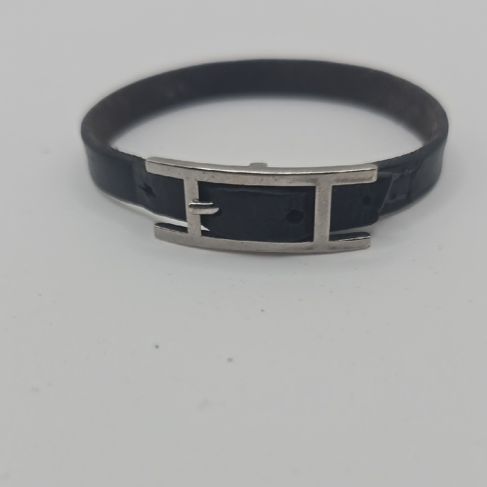 Hermes Black Leather H Bracelet with Silver H Buckle